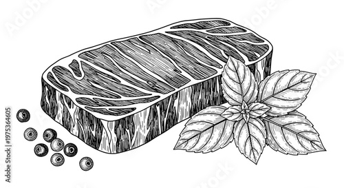 Hand-drawn engraving of a raw beef steak accompanied by fresh basil leaves and aromatic peppercorns isolated on a white background.