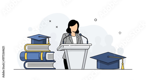 Graduation, education, woman speaker, academic podium, books, hat