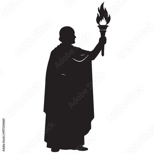 Silhouette of a person in robes holding a flaming torch high, symbolizing enlightenment, liberty, or knowledge