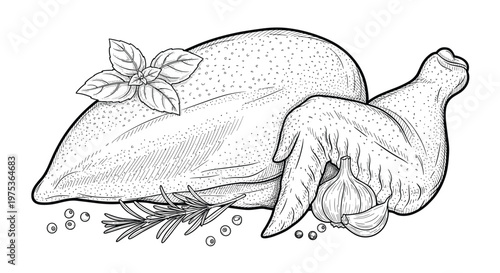 Engraved illustration of raw chicken pieces including breast, wing, and drumstick with garlic, rosemary, basil, and peppercorns.