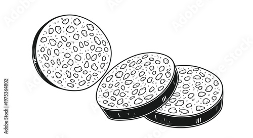 Hand-drawn engraving of three slices of traditional black pudding showing its characteristic textured interior on a white background.