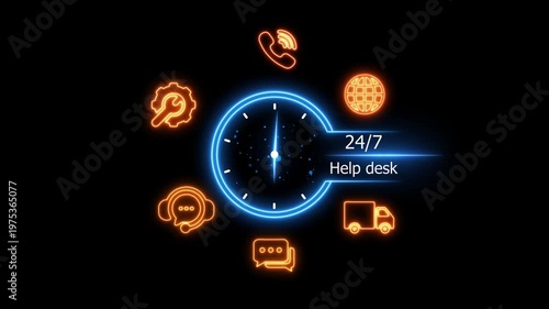 24/7 help desk sign glowing neon icons on a technology background. 4k video animation stock
