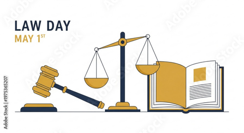 Law day may 1st illustration with gavel scales of justice and open law book on white background