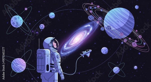 Astronaut in space suit exploring the cosmos with planets and galaxy
