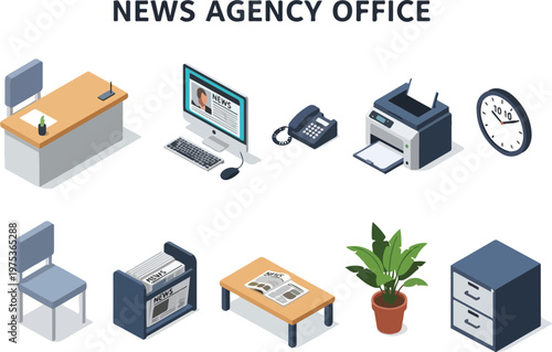 News agency office isometric elements computer, printer, desk, chair, files, plant and clock