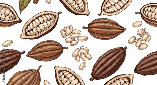 Delicious seamless pattern of hand-drawn whole and sliced cocoa pods with raw cocoa beans on a white background.