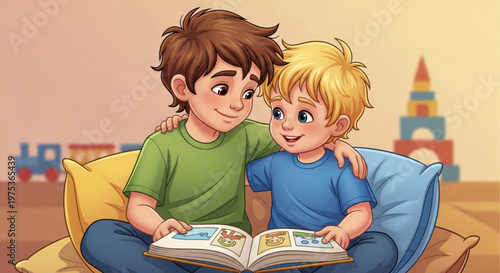 Two happy boys reading book together on couch indoors