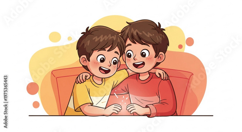 Two happy boys sitting on couch together smiling and embracing warm colorful background