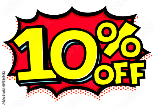 10%OFFの文字入りトゲトゲ吹き出し。黒太線のポップな爆発アイコン。セール・値札用素材。