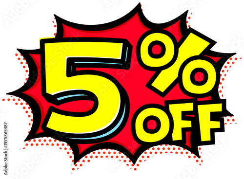 5%OFFの文字入りトゲトゲ吹き出し。黒太線のポップな爆発アイコン。セール・値札用素材。