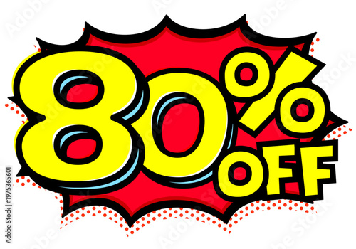 80%OFFの文字入りトゲトゲ吹き出し。黒太線のポップな爆発アイコン。セール・値札用素材。