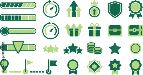 A comprehensive collection of diverse green game and UI vector icons representing progress, rewards, and achievements.