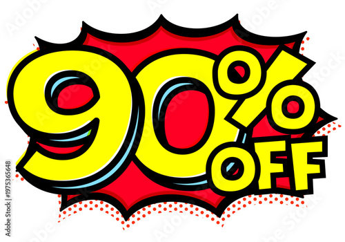 90%OFFの文字入りトゲトゲ吹き出し。黒太線のポップな爆発アイコン。セール・値札用素材。