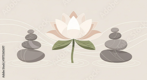 Serene zen garden with stacked stones and pink lotus flower in water symbolizing balance and harmony