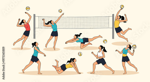 Professional female athletes demonstrating various volleyball moves and techniques near a net in a stylized illustration.