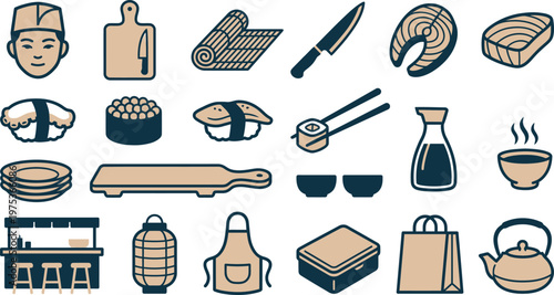 Detailed collection of japanese food icons featuring sushi, sashimi, culinary tools, kitchenware, and traditional restaurant supplies