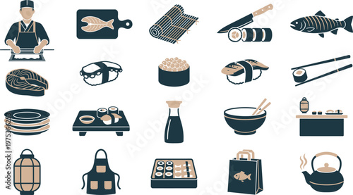 Diverse set of flat design icons depicting sushi preparation, ingredients, and traditional Japanese dishes.