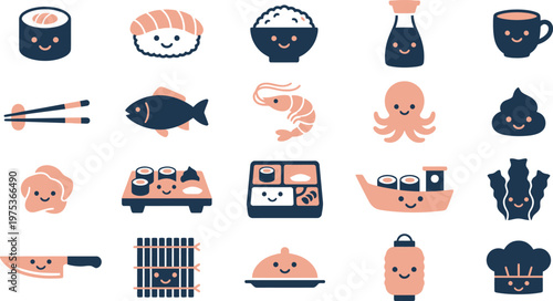 A collection of cute minimalist vector icons featuring various delicious Japanese sushi dishes and kitchen culinary tools
