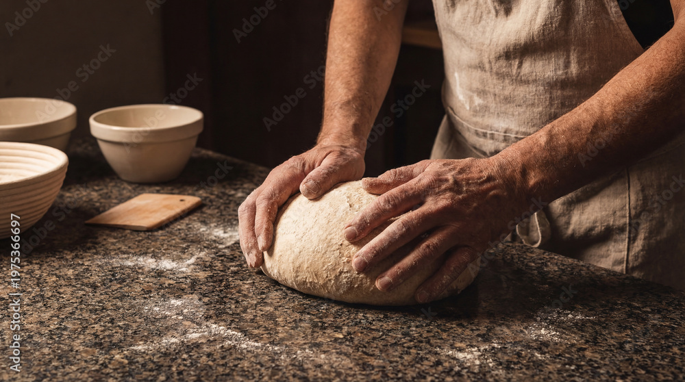 Fototapeta premium Artisanal Baker Hands Kneading Fresh Dough on Dark Stone Surface