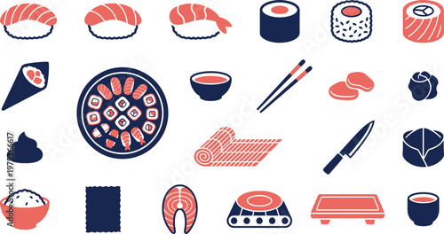 A vibrant collection of traditional Japanese sushi, sashimi, maki, and temaki icons, along with essential preparation tools and ingredients.