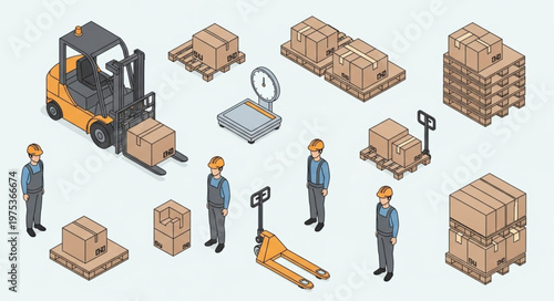 Isometric warehouse workers operating forklifts moving pallets and boxes.
