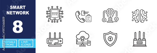 Smart Network icon set. Includes artificial intelligence brain, digital processor, wireless router, secure network shield, cloud computing, smart communication. Editable stroke line icons.