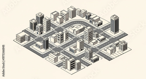 Isometric Urban City Block Model With Multiple Buildings.
