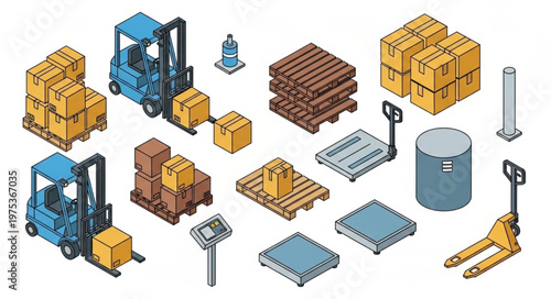 Isometric warehouse equipment and packing supplies set.