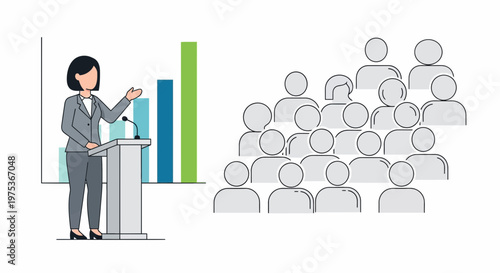 Businesswoman presenting, speaker at podium, audience icons, presentation graphics, corporate communication