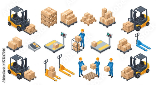 Isometric Warehouse Forklifts Pallet Jacks and Workers.
