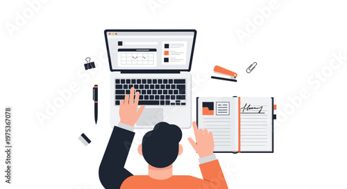 Businessman working on laptop, office workspace, productivity illustration, workflow vector