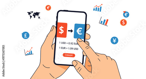 Currency exchange, money transfer, finance icons, vector illustration, hand holding smartphone