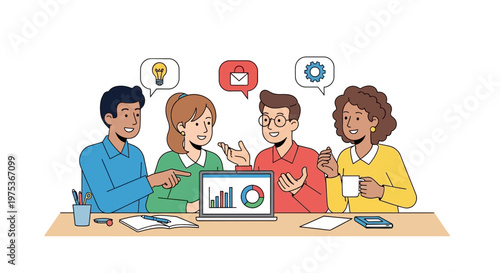 Business team, meeting, discussion, collaboration, diverse people, flat design, vector icons