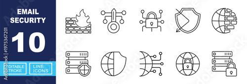 Email Security icon set. Includes network firewall, encrypted key, secure server, global data protection, cyber shield, locked communication. Editable stroke line icons.
