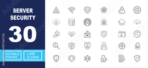 Advanced Server Security and Infrastructure Protection. Includes Encrypted Database, Biometric User Access, Cloud Firewall, Secure Server Node, Network Surveillance. Editable stroke line icons.
