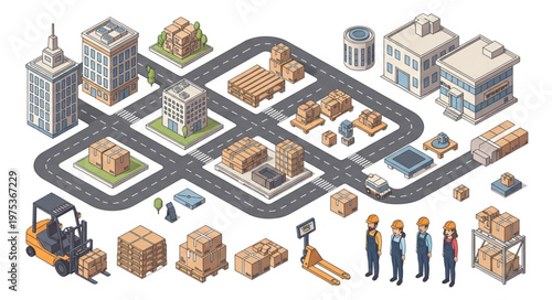 Isometric Warehouse Logistics City Elements Illustration.