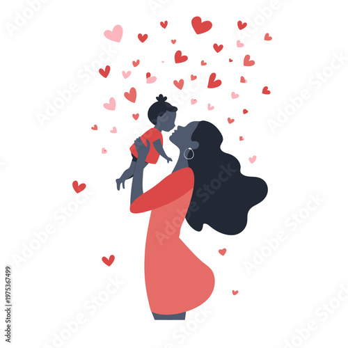 Mother and child sharing love amidst floating hearts