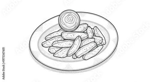 Detailed stippled drawing of a plate full of crispy potato wedges served with a small bowl of creamy dipping sauce.