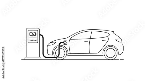 Electric vehicle charging station with car line art illustration.