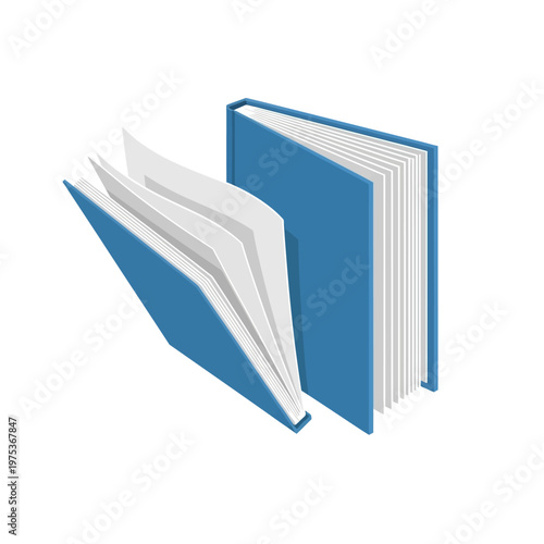 Open blue books with pages fanned out on display