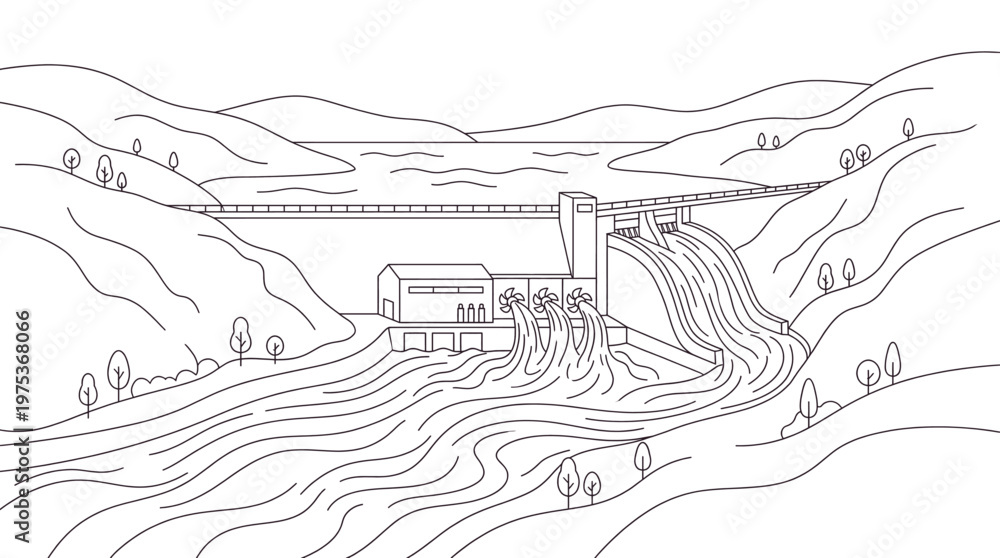Fototapeta premium Hydroelectric dam generating renewable energy in a mountainous landscape.