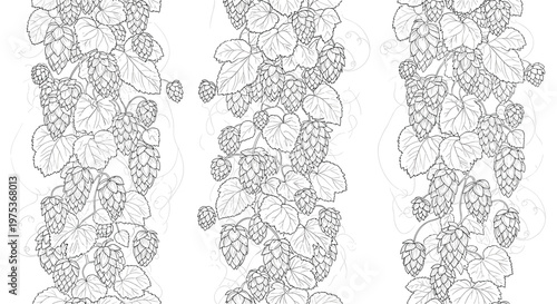 Elegant vertical seamless pattern of hop vines with detailed leaves and cones in a black and white line art style.