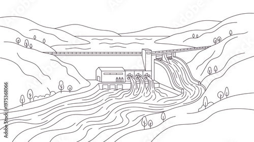 Hydroelectric dam generating renewable energy in a mountainous landscape.
