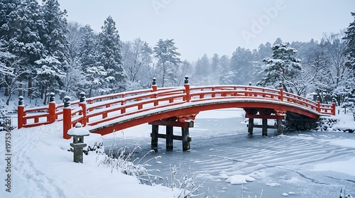 Traditional Red Bridge in Winter Snow Scene with Frozen Pond