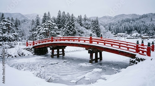 Red Bridge in Snowy Winter Landscape with Frozen River