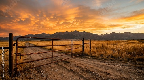 Sunset over rural landscape with wooden fence and country road through golden fields