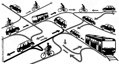 Complex Urban Traffic Flow with Cars Buses and Bicycles.
