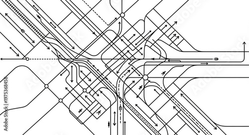 Complex Urban Traffic Intersection Diagram with Flow Arrows.