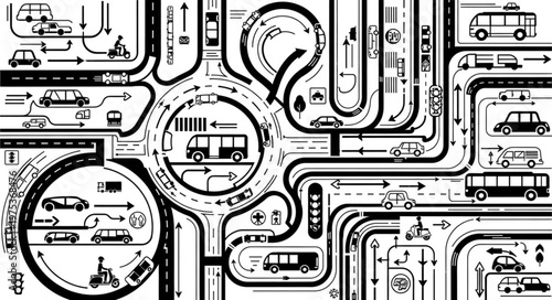 Complex Urban Traffic Intersection with Roundabout and Multiple Lanes.