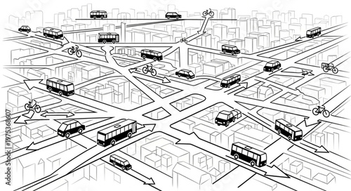 Conceptual illustration of a smart city traffic network with autonomous vehicles and public transport.
